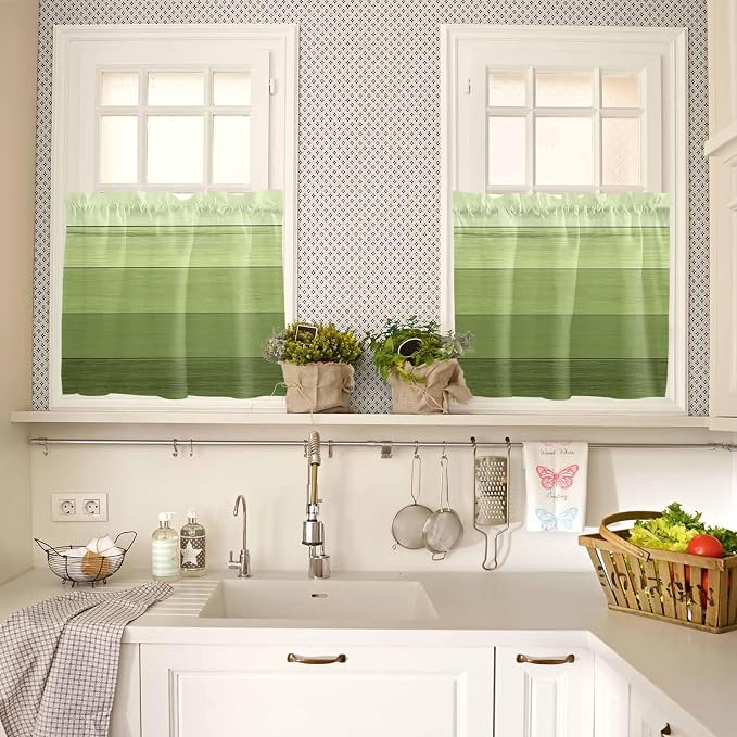 Gradient Green Wooden Board Window Valance Curtains, Retro Country Wood Grain - Image 7