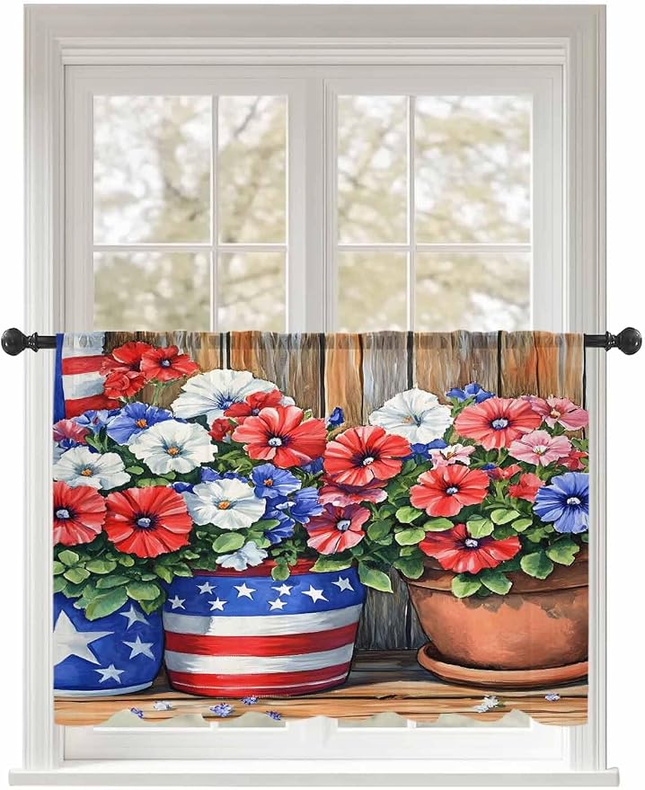 Sheer Curtains 54 Inch Length, Retro Independence Day Flag Wood Grain Privacy by Unknown