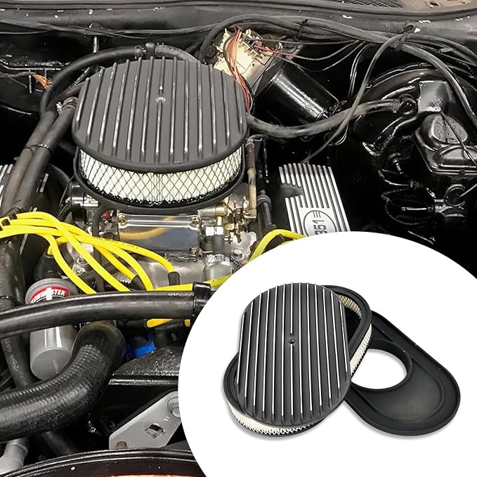 15" Black Aluminum Valve Covers Air Cleaner Kit Oval Full Polished Finned - Image 6