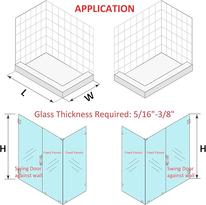 Shower Door Hardware Kit for Frameless Corner Shower Setup, Includes Hinges, Square Pull Handles, U-Clamps and Connector, for 5/16"–3/8" Glass, Bathtub or Standing Shower Use, Matte Black