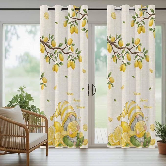 Summer Outdoor Curtains for Patio Lemon Gnome Leaf Linen Texture Waterproof - Image 6