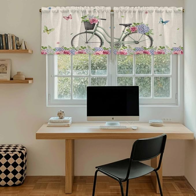 Farmhouse Spring Tier Curtains, Retro Bicycles Flowers Vines Butterfly Light - Image 6