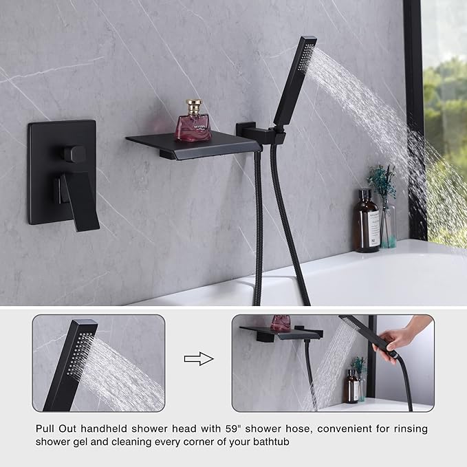 Taplong Wall Mount Tub Faucet with Waterfall Tub Spout Wall Mounted Tub Filler with Handheld Sprayer Black Bathtub Faucet Solid Brass Single Handle Shower Faucet Set with High Flow Rough in Valve