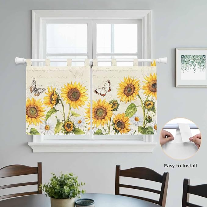 Farm Sunflowers Kitchen Curtains 36 Inch Length, Small Window Curtains Tab Top - Image 4
