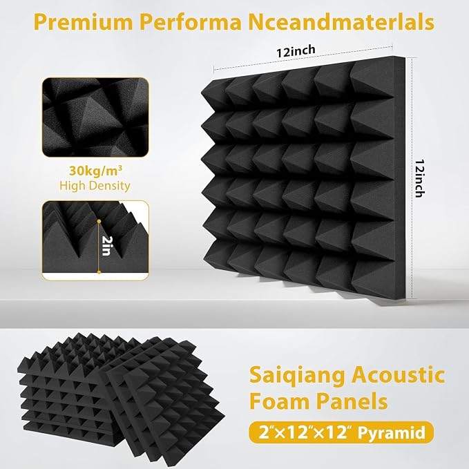 56 Pack Acoustic Foam Panels, Soundproofing Noise Absorbing Pyramid Black Panels - Image 2