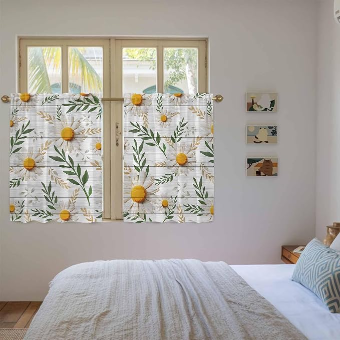 Spring Daisy Kitchen Curtains, Farmhouse Country Flower Leaf Plant Wood Grain - Image 4