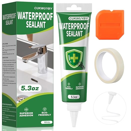 1 Pack Silicone Caulk 5.2 Oz Squeeze Tube Waterproof Silicone Sealant for Kitchen Bathroom Stronger Adhesion White Caulk for Window Toilet Sink Door Caulking Sealant with Tape and Scraper