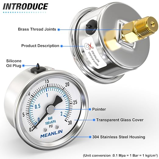 MEANLIN MEASURE 0~30Psi Dry Low Pressure Gauge Stainless Steel 1/4" NPT 2" FACE - Image 4