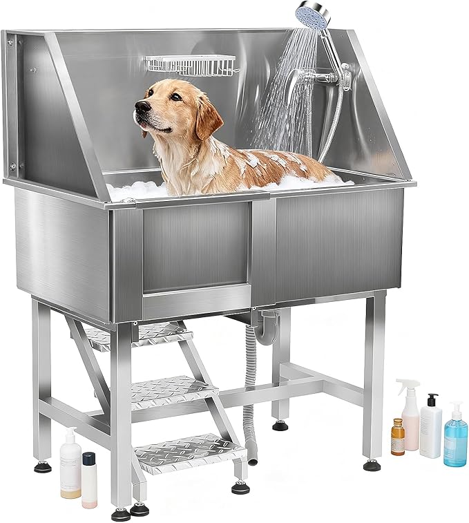 38'' Large Dog Bathtub Stainless Steel, Dog Washing Station, Pet Bathing Station Grooming Bath Tub with Left Ramp & Removable Door & Showerhead & Faucet & Soap Holder for Home Pet Grooming Salon