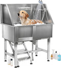 38'' Large Dog Bathtub Stainless Steel, Dog Washing Station, Pet Bathing Station Grooming Bath Tub with Left Ramp & Removable Door & Showerhead & Faucet & Soap Holder for Home Pet Grooming Salon