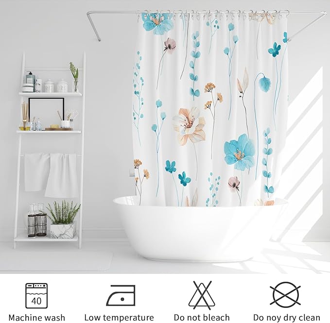 Gibelle Watercolor Floral Shower Curtain, Light Blue Beige Flower Shower Curtain for Bathroom, Modern Minimalist Waterproof Fabric Shower Curtain Set 72x72 Inch