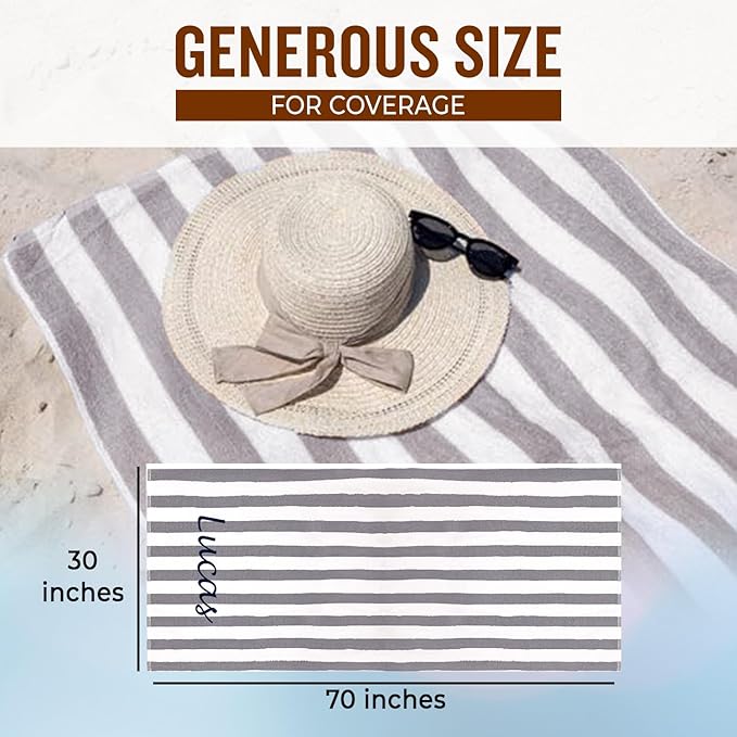 Personalized Passion Beach Towels for Adults - Custom Pool Towels with Name - Highly Absorbent Cotton - Striped Design for Women & Men - Large 70x30 Bath Sheet for Hotel, Swim & Camping - Grey