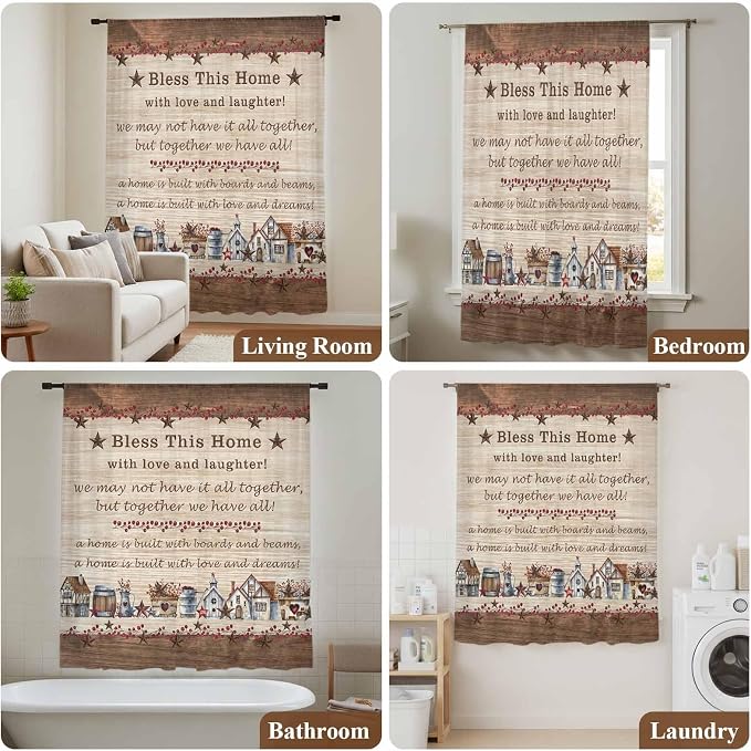 Farmhouse Sheer Curtains 63 Inch Length Brown Country Star Berry Vintage Wood - Image 7