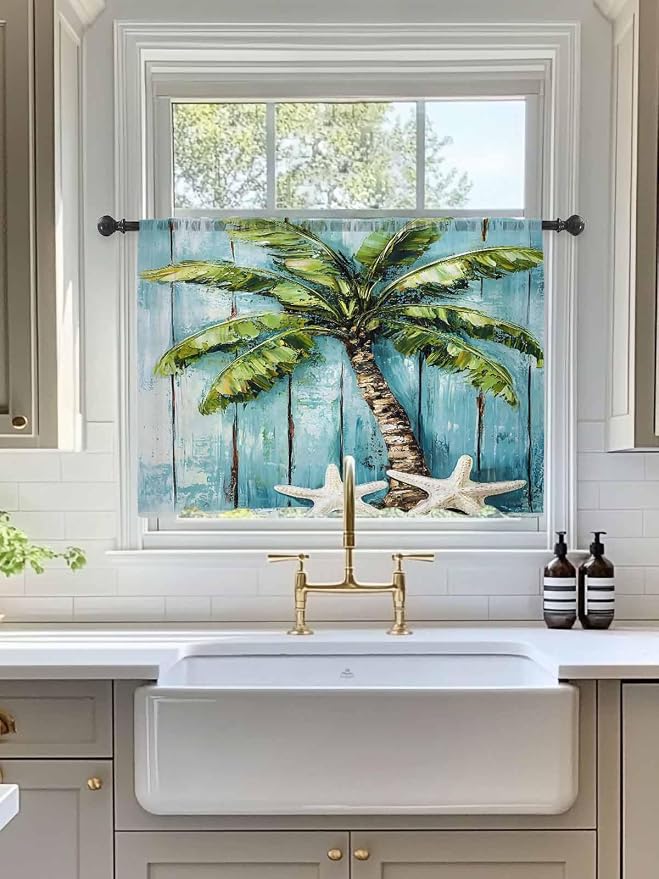Sheer Curtains 45 Inch Length, Coastal Beach Starfish Semi Sheer Curtains Light - Image 3