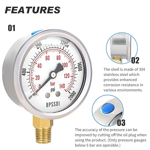 0-2000 Psi Glycerin Liquid Filled Hydraulic High Pressure Gauge, 2.5" Dial Size - Image 4