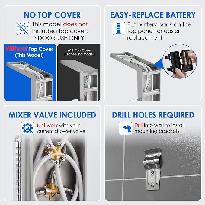 ROVOGO Shower Panel Tower System with Led Lights, Rainfall Waterfall Shower Head, 2 Big Body Jets, Handheld and Tub Spout, Stainless Steel Shower Column Brushed