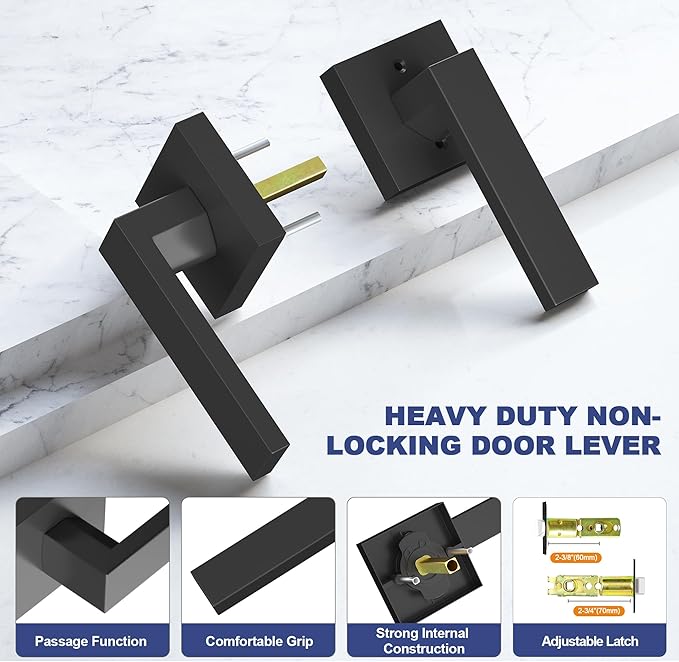 Passage Door Lever, 8 Pack Matte Black Interior Door Handles for Hallway and Closet, Heavy Duty Square Interior Keyless Door Handles Non-Locking Door Knobs for Right & Left Side Door