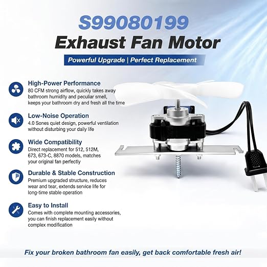 S99080199 Bathroom Exhaust Fan Motor 80 CFM 4.0 Sones Replacement Pure Copper - Image 3