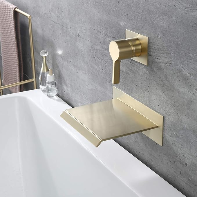 sumerain Wall Mount Tub Faucet Brushed Brass with Waterfall Tub Spout and Rough in Valve, High Flow