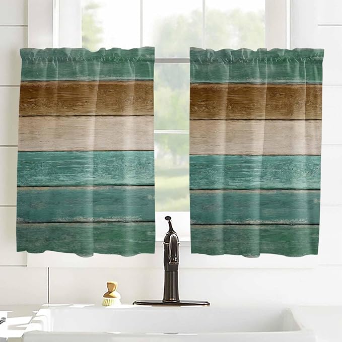 Vintage Plank Turquoise Brown Window Valance Curtains, Farmhouse Wood Grain - Image 2