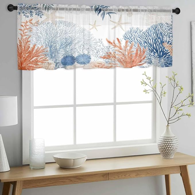 Ocean Corals Sheer Valance Curtains, Summer Beach Coral Sea Stars Light - Image 3