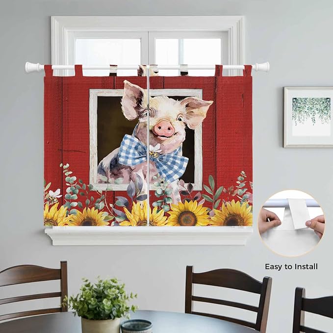 Pig Sunflowers Kitchen Curtains 45 Inch Length, Short Cafe Window Curtains Tab - Image 4