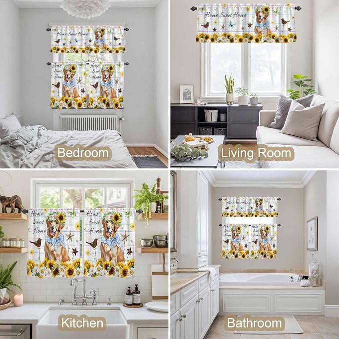 Kitchen Curtains Tiers and Valance Set of 3, Sunflowers Dog Light Filtering - Image 7