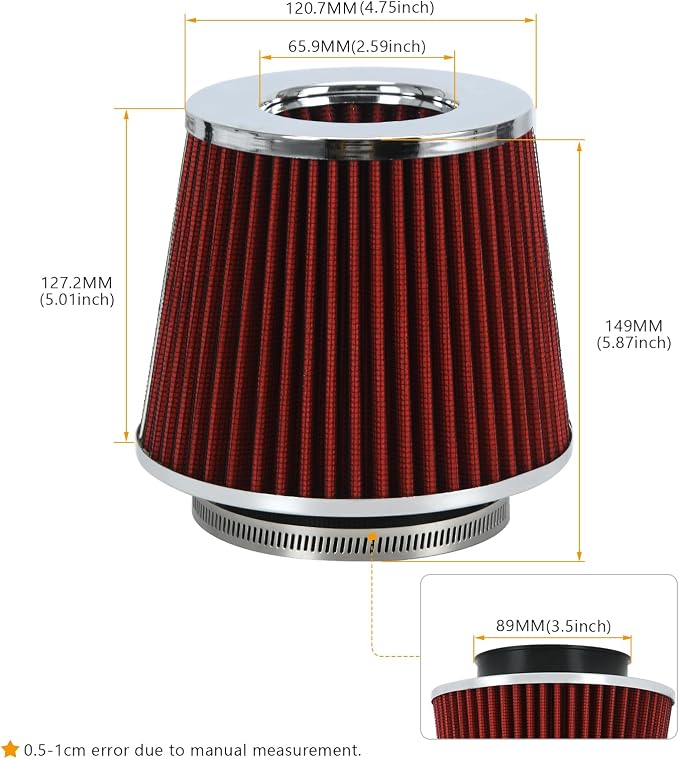 PTNHZ Universal Red 3.5" 89mm High Flow Cold Air Intake Cone Air Filter Power - Image 4