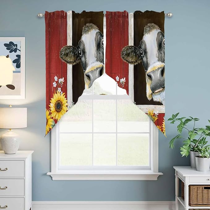 Cows Sunflowers Swag Valances for Windows, Rustic Farms Barns Flowers Bees - Image 6