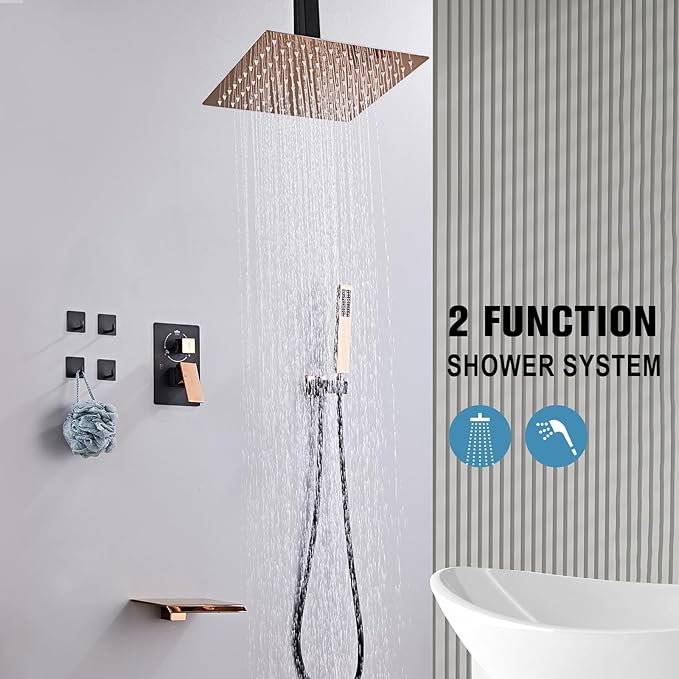 12 Inch Ceiling Mount Shower System Matte Black Gold Rain Mixer Shower Combo Set High Pressure Rainfall Shower Head System Bathroom Luxury Shower Faucet Set Rough-in Valve and Trim Included