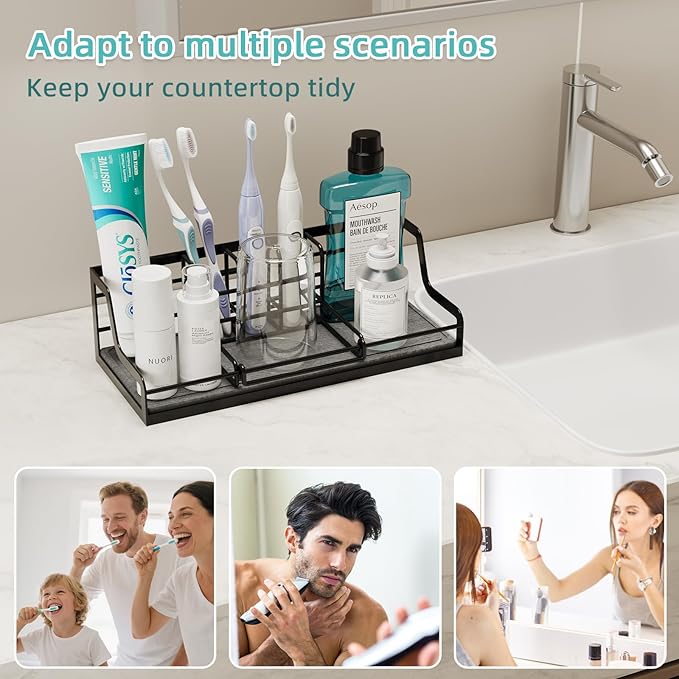 Toothbrush Holders, Bathroom Organizers and Storage with Instant Drying Stone, 6 Slots Bathroom Accessories with Adjustable Toothpaste Holders, Bathroom Counter Organizer, Black