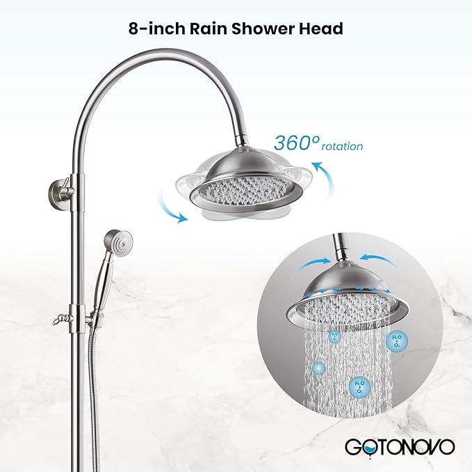 gotonovo Bathroom Classic Exposed Shower Faucet Wall Mount Shower System 8 Inch Luxurious Rainfall Shower Head Set with Tub Spout and Handheld Spray Double Cross Handles Brushed Nickel