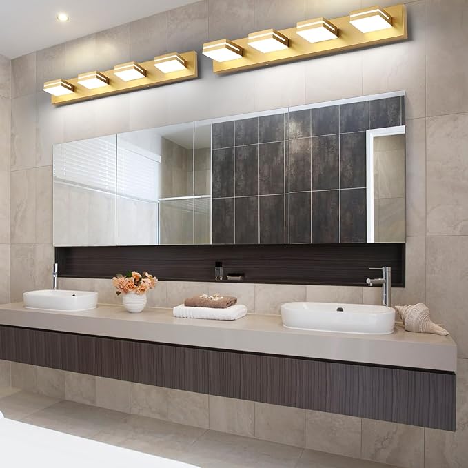 SineRise LED Modern Bathroom Vanity Light Fixtures (4-Light, 30-Inch, Dimmable), Matte Gold Modern Acrylic Bathroom Wall Lighting Fixtures Over Mirror (Cool White 6000K)