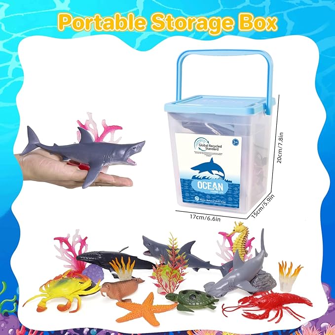 Ocean Sea Animal Figure Toys for Kids 3-5, Realistic Sea Life Figures Animal Creature Sand Toys Beach Bath Playset Include Shark Whale Corals Seagrass Crab Octopus Turtle for Toddler Boys & Girls