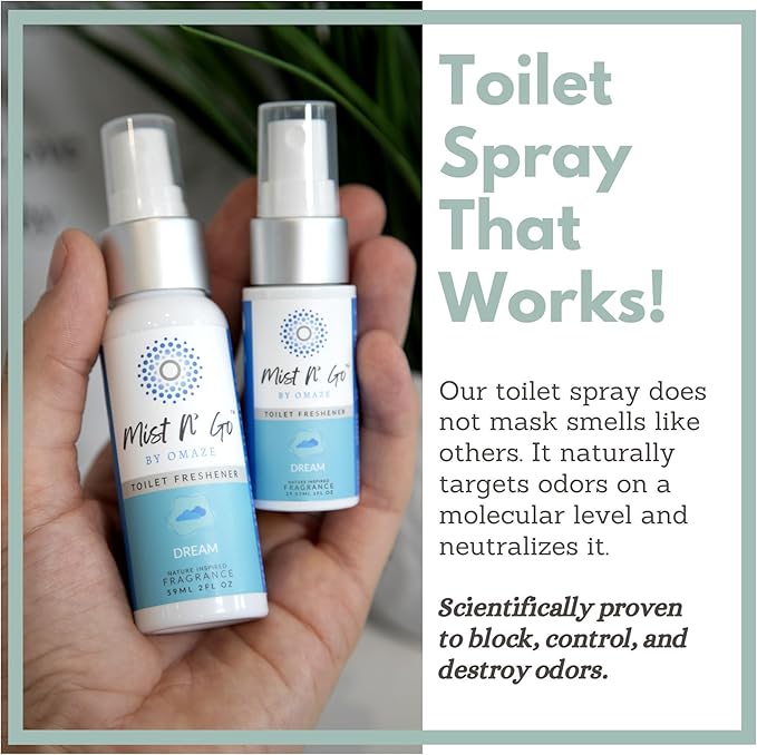 Mist N’ Go by Omaze Travel Bathroom Spray for Toilet Spray Odor Eliminator - Travel Toilet Spray for Bathroom Air Freshener Spray for Bathroom Deodorizer - Dream Travel Size (1oz x2)