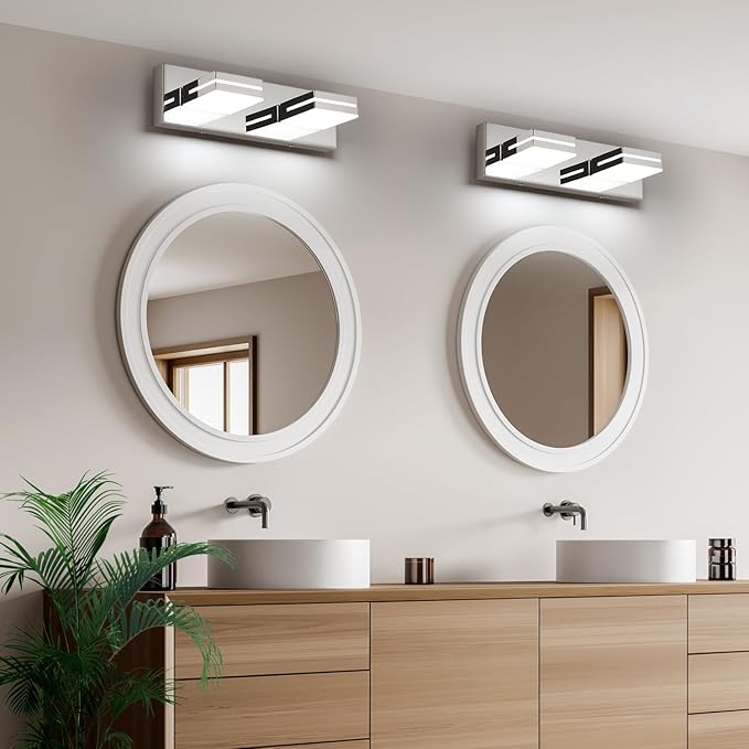 SineRise LED Modern Bathroom Vanity Light Fixtures (2-Light, 15.5-Inch, Dimmable), Chrome Modern Acrylic Bathroom Wall Lighting Fixtures Over Mirror (Cool White 6000K)