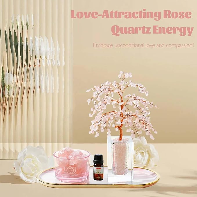 Runyangshi Rose Quartzt Crystal Tree of Life Natural Crystal Ore Diffuser Set - Image 5