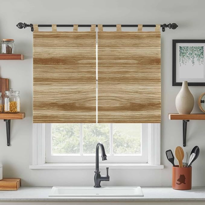 Light Brown Wood Grain Bedroom Curtains 63 Inch Length, Window Curtains Tab Top - Image 3