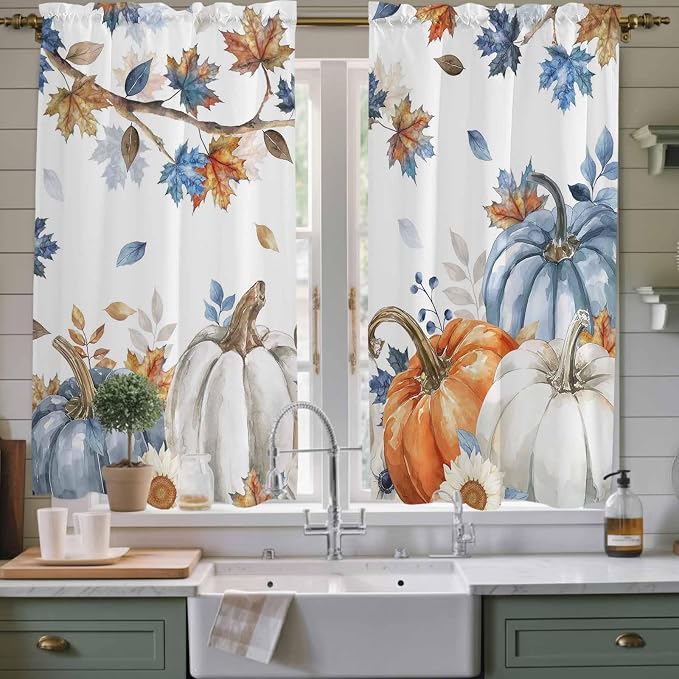 Navy Blue Pumpkin Fall Window Curtains 63 Inch Long 2 Panel Set, Rod Pocket by Unknown