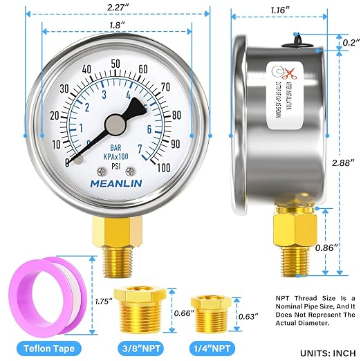 MEANLIN MEASURE 0~100Psi Dry Pressure Gauge Stainless Steel 1/8" NPT 2" FACE - Image 2