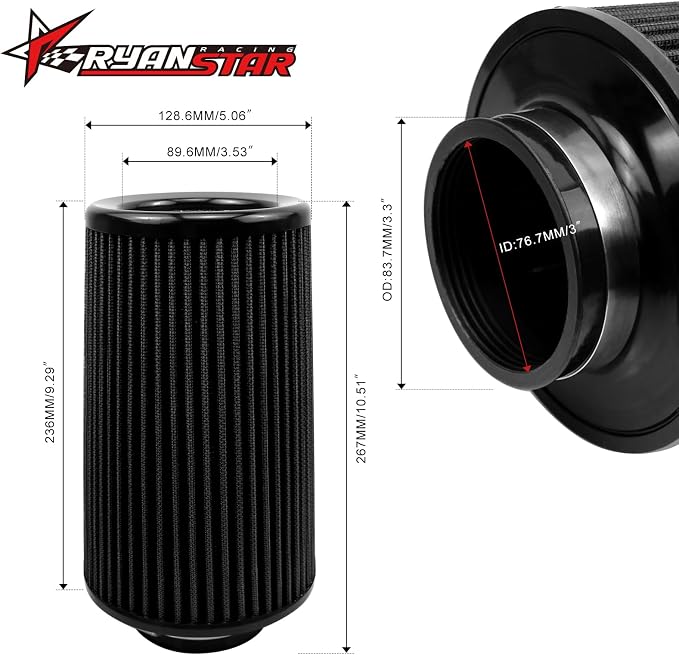 RYANSTAR 76mm 3" High Flow Round Tapered Cone Cool Air Filter Cleaner - Image 2