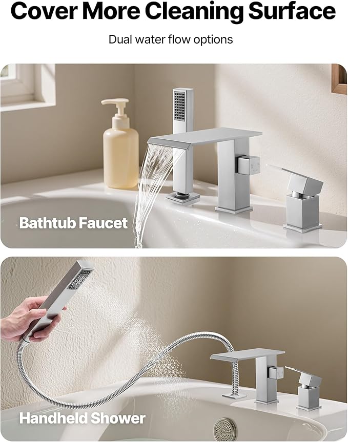 VEVOR Roman Tub Faucet, 3 Hole Waterfall Bathtub Faucet, Roman Bathtub Faucets Set with Shower Head & 1 Handle, Deck Mount Bath Tub Faucets Set for Adult Bathing, Brushed Stainless Steel, Drip-Free