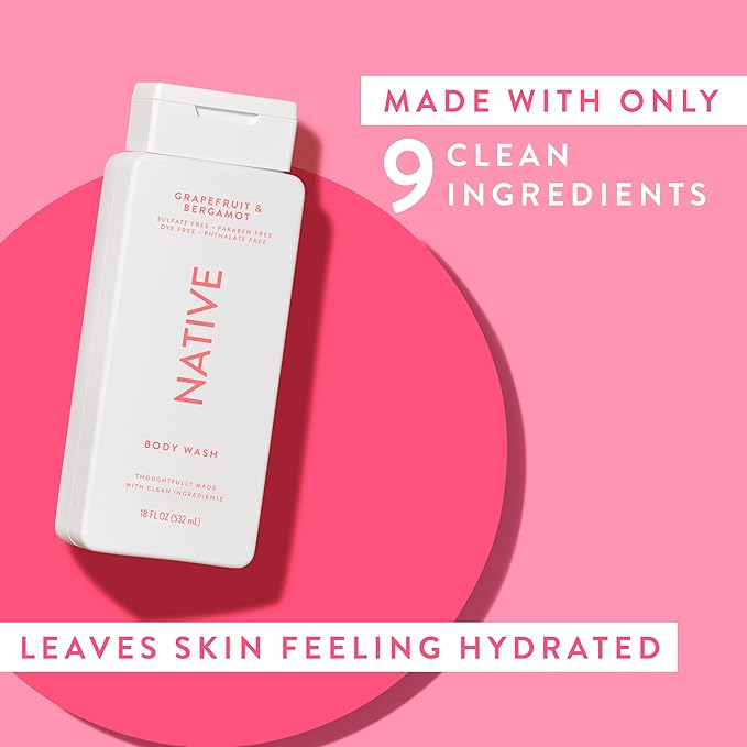 Native Body Wash Contains Naturally Derived Ingredients | For Women & Men, Sulfate, Paraben, & Dye Free Leaving Skin Soft and Hydrating | Grapefruit & Bergamot 18 oz