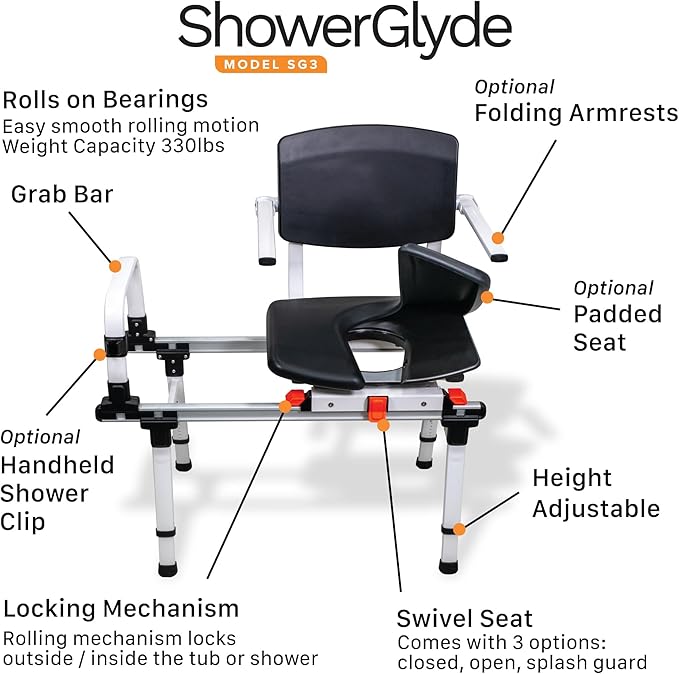 ShowerGlyde SG3 - FSA HSA Eligible | Sliding Transfer Bench for Tight Spaces, Swivel Seat, Grab Bar, and Height Adjustable - Ideal Sliding Shower Chair for Compact Bathrooms