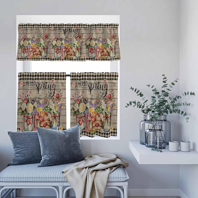 Spring Flowers Kitchen Curtain Set, Farmhouse Vintage Black Plaid Wood Grain - Image 8
