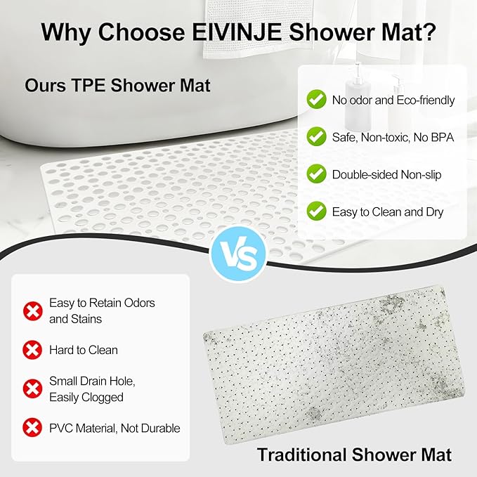 Non Slip Shower Mat with Suction Cups, 23.6x35.4 Inch Quick Drain TPE Anti Slip Shower Mats for Inside Shower, Large Bath Mat for Shower Soft on Feet, Easy to Dry&Cut Machine Washable