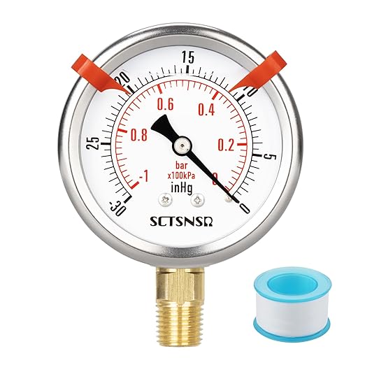 -30 inHg to 0 Vacuum Pressure Gauge, Glycerin Liquid Filled, 2.5 inch Dial by SCTSNSR