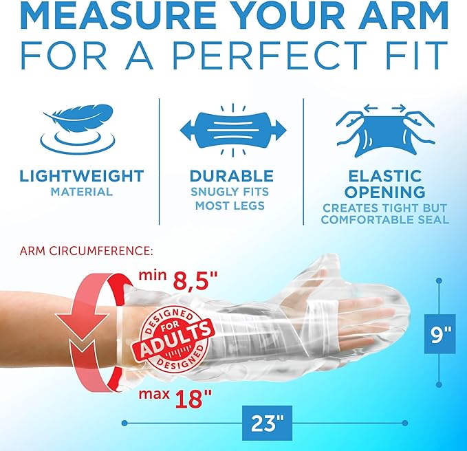 100% Waterproof Cast Covers for Shower Arm - Tight Seal - 3pk Adult Reusable Cast Protectors - Half Arm Bag Sleeves