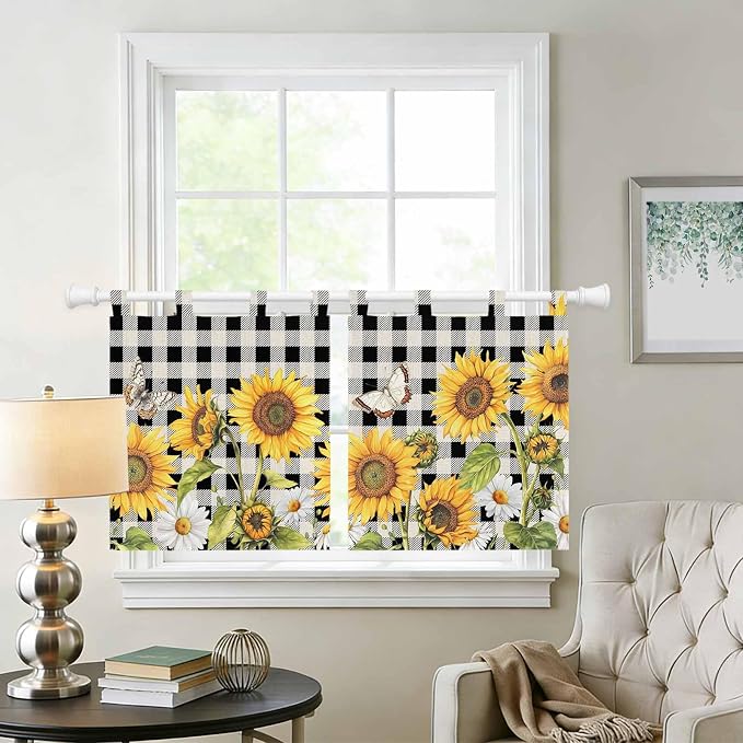 Sunflowers Kitchen Curtains 36 Inch Length, Small Window Curtains Tab Top - Image 2