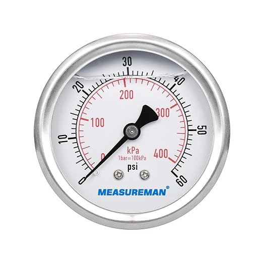 MEASUREMAN 2-1/2inch Dial Size, Liquid Filled Pressure Gauge, 0-60psi/400kpa by MEASUREMAN